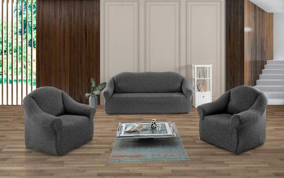 Жаккардовый чехол на диван + 2 кресла Stone без юбки темно-серый