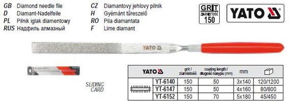 Надфіль алмазний алмазний плоский l=160/50 мм b=4 мм YATO-6147