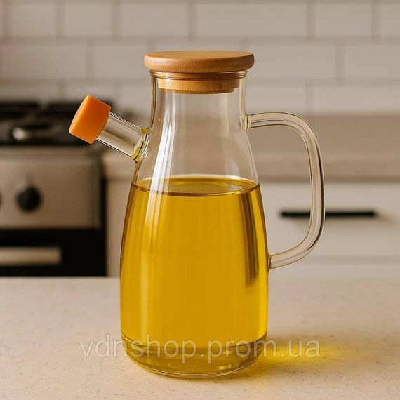 Скляна пляшка для олії та оцту з носиком і дозатором 650 мл, кришка з дерева, квадратна ручка HP-34-1-650