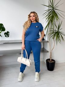 Женский спортивный костюм с лампасами штаны и футболка KF045 цвет синий, размер 52/54