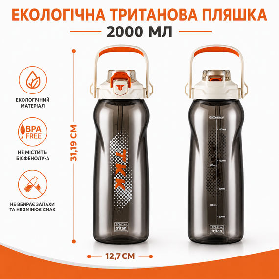 Бутылка TKK 2000 мл - Белая Tritan BPA-free, ударопрочная, спортивная с практичным ремешком | Зображення 4