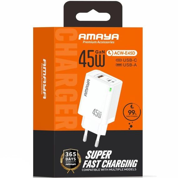 МЗП Amaya E45D PD45W+QC3.0 GaN (1USB-A/1C) White | Зображення 1