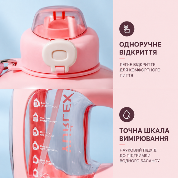 Спортивная бутылка для воды 1.5 л (1500 мл) Розовая - с ручкой и трубочкой без BPA, с мотивационной шкалой времени | Зображення 7