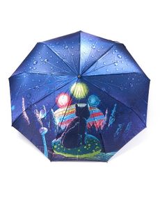 Зонт автомат Frei Regen №9072  женский на 9 спиц сатиновый купол с принтом Дождь с кошкой Фиолетовый