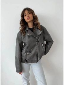 Жіноча куртка косуха з потертостями еко шкіра колір сірий, розмір L  Nb02357