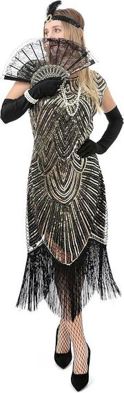 Сукня в стилі 20-х Гетсбі з паєтками бахромою перчатками аксесуарами, жіночий ретро образ для карнавалу, вечірок, Хелловіну | Зображення 3