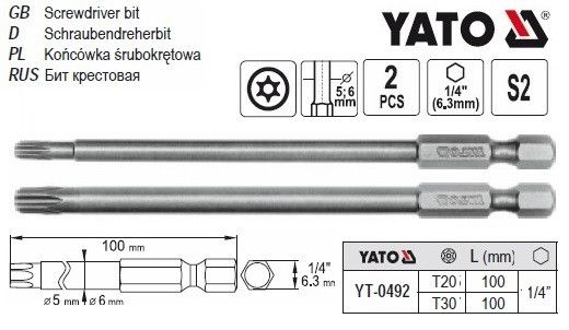 Набор насадка отвертки бита TORX SECURITY T20/T30х100мм YATO YT-0492 | Зображення 3