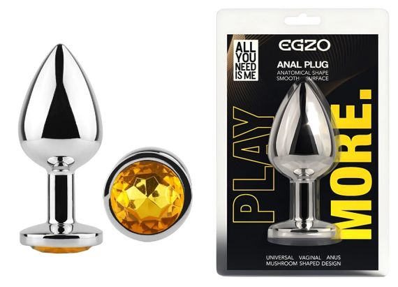 Анальная пробка EGZO Silver Round Plug M, нержавеющая сталь, желтый кристалл Sex Aura