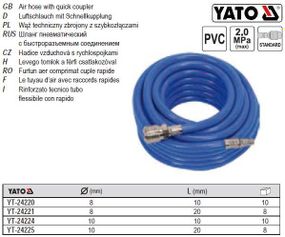 Шланг пневматичний YATO Польща ПВХ 20 Bar Ø=8 l=10 м YT-24220