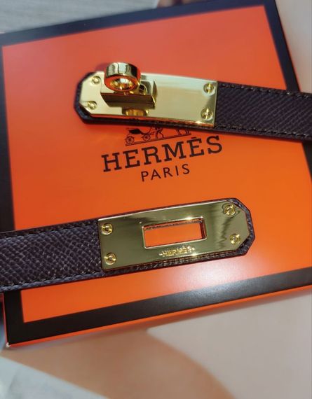 Трендовий шкіряний вузький ремінь Hermes Kelly brown/gold | Зображення 1