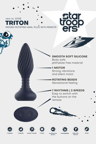 Вібруюча анальна пробка Dream Toys Startroopers Triton з пультом керування, чорна Sex Aura | Зображення 7