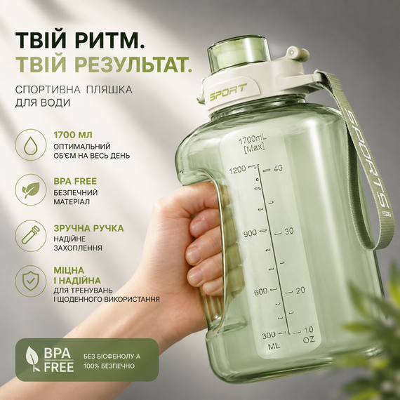 Спортивная бутылка для воды 1700 мл (1,7 л) с ручкой (BPA Free) - Нежный Зеленый | Зображення 2