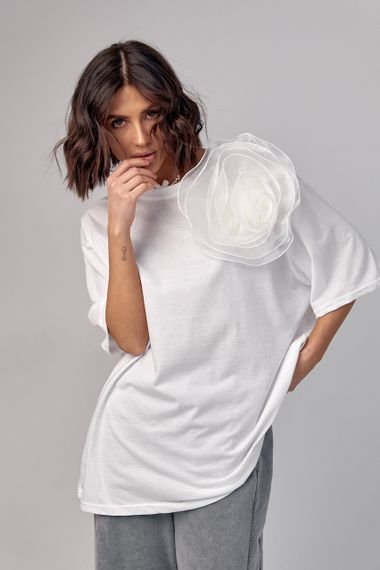 Удлиненная футболка oversize с объемным цветком - белый цвет, M (есть размеры) | Зображення 5