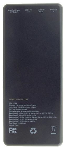 Портативний зарядний пристрій Energizer UE27062PQ - 27000 mAh Li-pol PD65W for laptop Black | Зображення 3