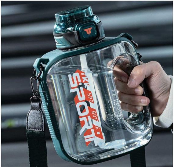 Спортивная бутылка для воды TKK Sport 1000 мл из Тритана (BPA Free), зеленая квадратная бутылка с трубочкой и ремешком | Зображення 2