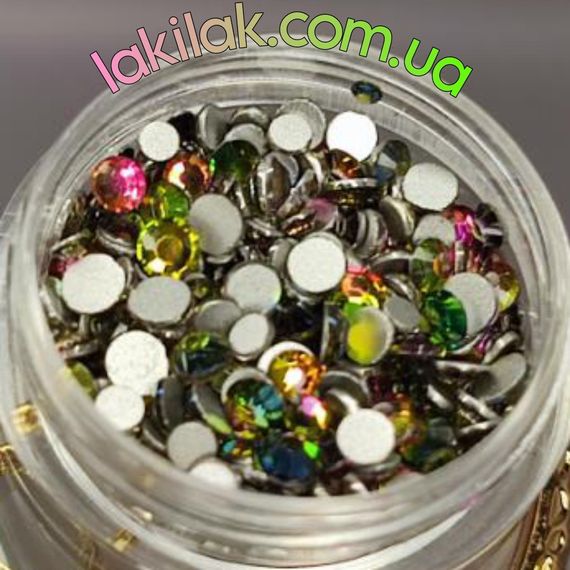 Стекляные стразы №4 зелено-розовые хамелеоны (микс размеров) в баночке