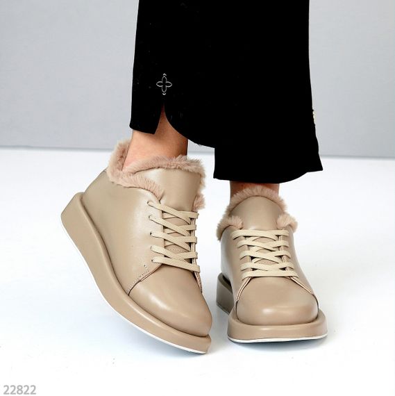 Мега стильні теплі туфлі бежеві автоледі натуральна шкіра колір лате | Зображення 2