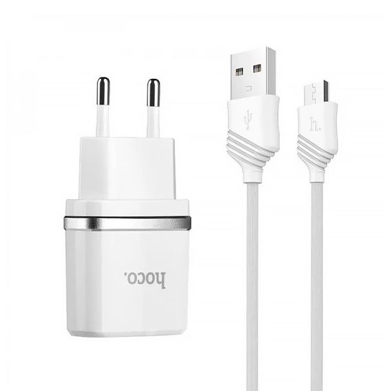 Набір СЗУ HOCO C12 Smart+кабель Micro, 2xUSB, 2.4A, кабель 1м, White, Blister