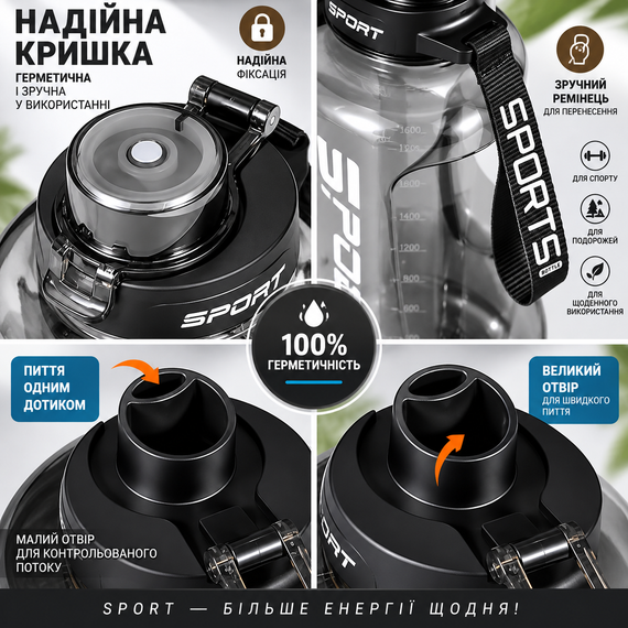Чорна пляшка SPORT для води 1700 мл із трубочкою та стильним дизайном із безпечного пластику | Зображення 2
