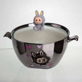 Бульйонниця порцелянова Labubu з кришкою та ручками 800 (мл) Ø15 (см) дитяча тарілка для супу та локшини Сріблястий з сірим FM-34A