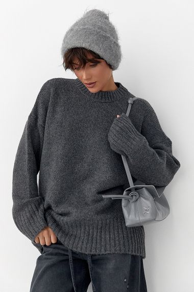 Однотонна в'язана кофта з широкими рукавами - темно-сірий цвет, ONE SIZE (є розміри)