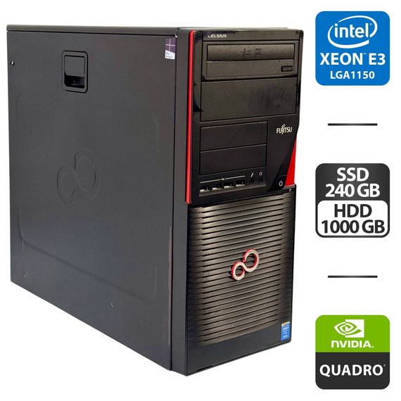 Робоча станція Fujitsu Celsius W530 Workstation Tower / Intel Xeon E3-1246 v3 (4 (8) ядра по 3,5 - 3,9 ГГц) / 16 ГБ DDR3 / 240 ГБ SSD + 1000 ГБ HDD / nVidia Quadro 600, 1 ГБ GDDR3, 128-біт / DVD-ROM / 380 Вт б/в