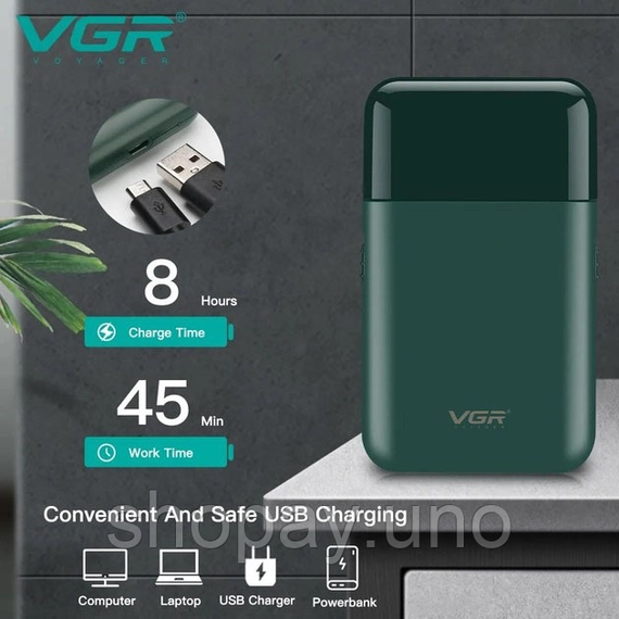 Аккумуляторная мини‑электробритва для мужчин VGR V‑390 Green • Профессиональный шейвер с триммером для сухого и влажного бритья | Зображення 4