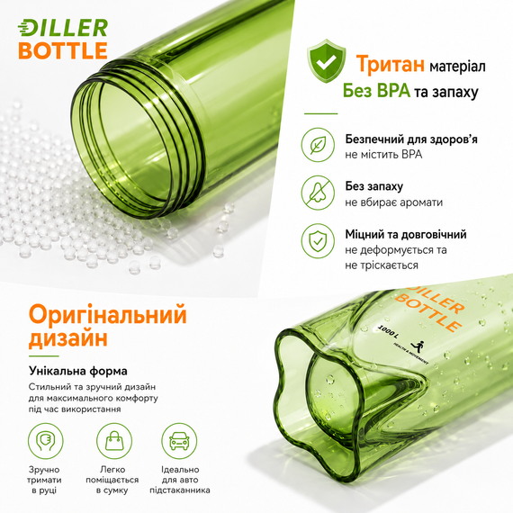 Тритановый шейкер Diller Bottle 700 мл с металлическим шариком (BPA Free) зеленый | Зображення 3