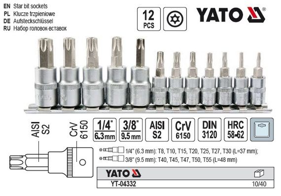 Набор головок со вставкою TORX SECURITY YATO Польша 1/4 3/8" 12 шт YT-04332 | Зображення 1