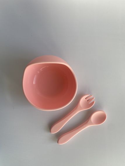 Глибока тарілка силіконова на присосці з приборами рожева | Зображення 2