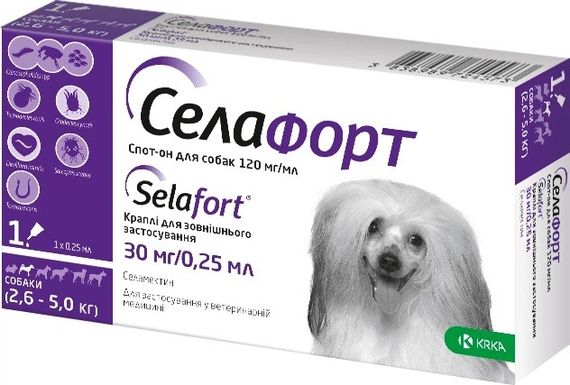 Капли от блох и глистов для собак 2.6-5 кг KRKA Селафорт, 1 пип