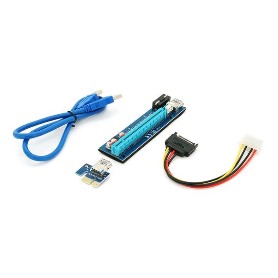 Riser PCI-EX, x1=>x16, 4-pin MOLEX, SATA=>4Pin, USB 3.0 AM-AM 0,6 м (синій), конденсатори PS 100 16V, Пакет | Зображення 1