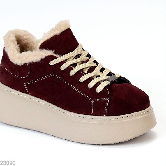 Бордовые зимние прошитые кроссовки натуральная замша на бежевой платформе | Зображення 1