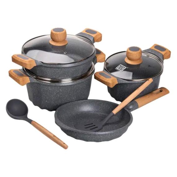 Набор посуды, 3 кастрюли, алюминиевая толстодонная кастрюля MGC с лопаткой и половником, серый. | Зображення 1