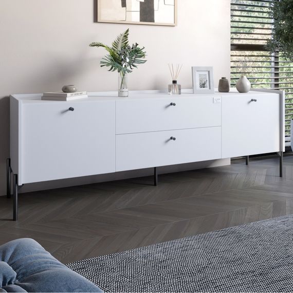 Тумба під телевізор з шухлядами LION Wood з чорними ніжками 180х50х40 см Німфея Альба (білий) (LION-043132)