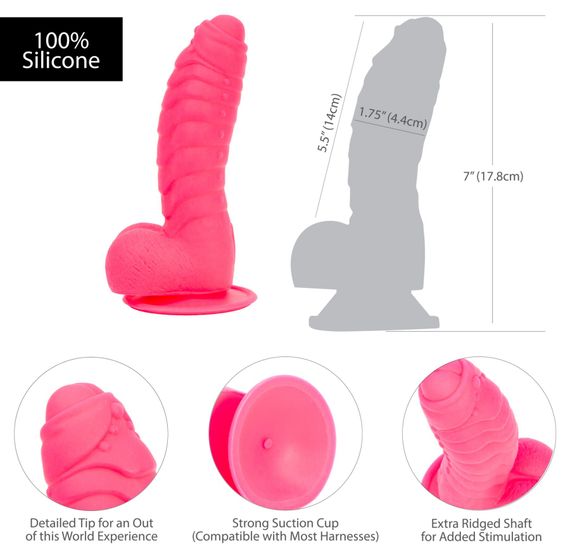 Ребристий фалоімітатор на присосці ADDICTION — Tom 7″ Dildo With Balls — Pink, віброкуля в подарунок | Зображення 4