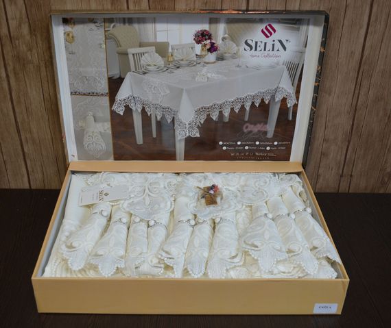 Льняная скатерть с ранером Selin Cagla Set 160×220+12 салфеток Кремовая | Зображення 1