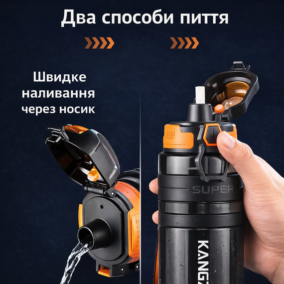 Спортивная бутылка для воды KANGZYUAN 500 мл Черная Тритановая (BPA Free), с клапаном и поилкой | Зображення 3