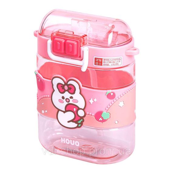 Бутылка для воды детская с трубочкой и ремешком 560 мл бутылочка для питья в школу 15 см Розовая HP-14-36P | Зображення 3