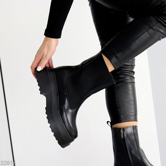 Черные высокие зимние ботинки челси натуральная кожа на платформе | Зображення 7