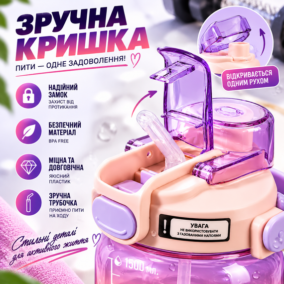Спортивная бутылка для воды START TRAINING 1500 мл с ручкой и трубочкой - фиолетовая, большая фитнес-бутылка 1,5 л | Зображення 3