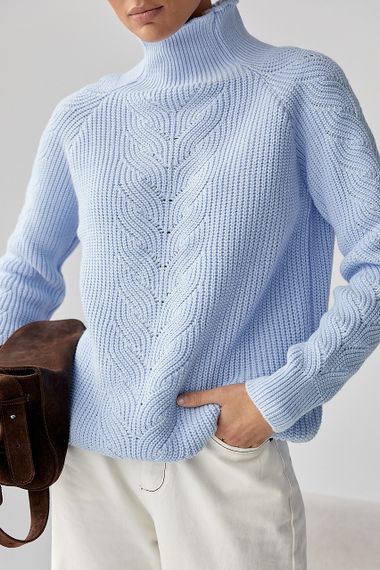 В'язаний жіночий светр із косичками - блакитний цвет, ONE SIZE (є розміри) | Зображення 3