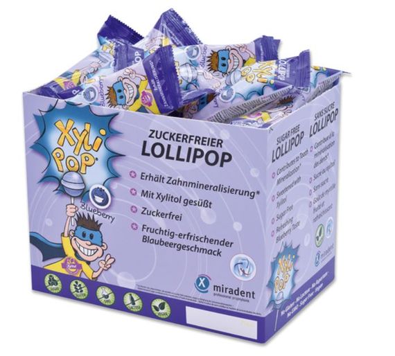 Льодяник з ксилітолом на паличці Miradent Xylipop (50 шт), зі смаком чорниці