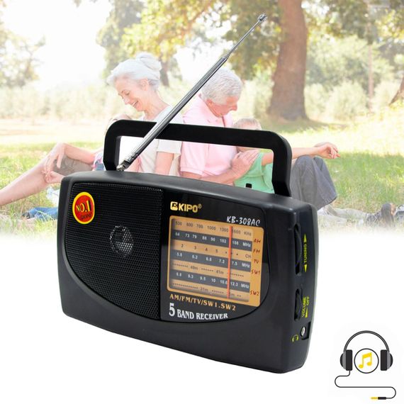 Радіоприймач на батарейках та від мережі KIPO KB-308AC / Портативне радіо з антеною / Акумуляторне FM радіо | Зображення 1