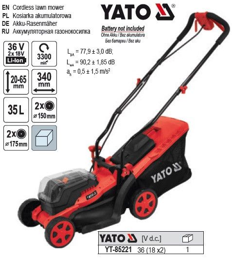 Газонокосарка акумуляторна 18В Ø-34см ємність 35 л (БЕЗ АКУМУЛЯТОРА) YATO YT-85221 | Зображення 1