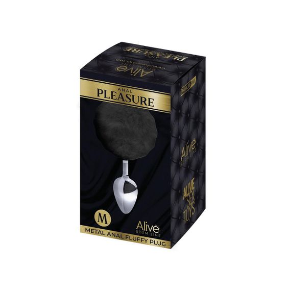 Металева анальна пробка Кролячий хвостик Alive Fluffy Plug M Black, діаметр 3,4 см | Зображення 1