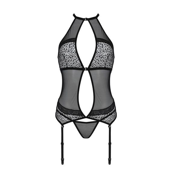 Корсет с пажами Passion SATARA CORSET L/XL black, стринги, кружево, застежки спереди и сзади | Зображення 2