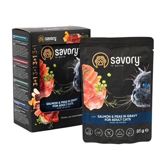 Набір паучів 3+1 Savory Adult Cat Salmon and Peas in Gravy для котів шматки в соусі з лососем та горохом 4х85 г | Зображення 1
