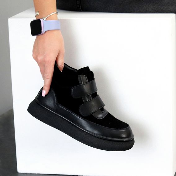 Круті спортивні зимові чорні черевики натуральна шкіра+замша на липучках | Зображення 1