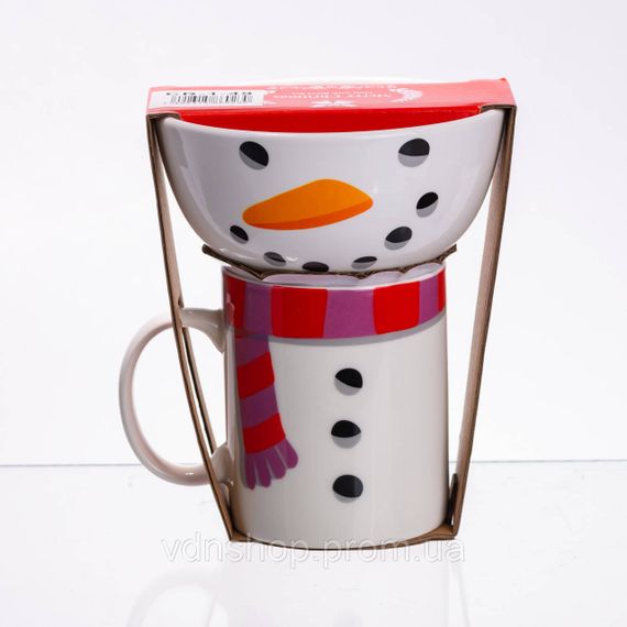 Набор фарфоровая чашка с пиалой Snowman 350 (мл) чашка на подарок новогодняя для чая и кофе CR-1-49